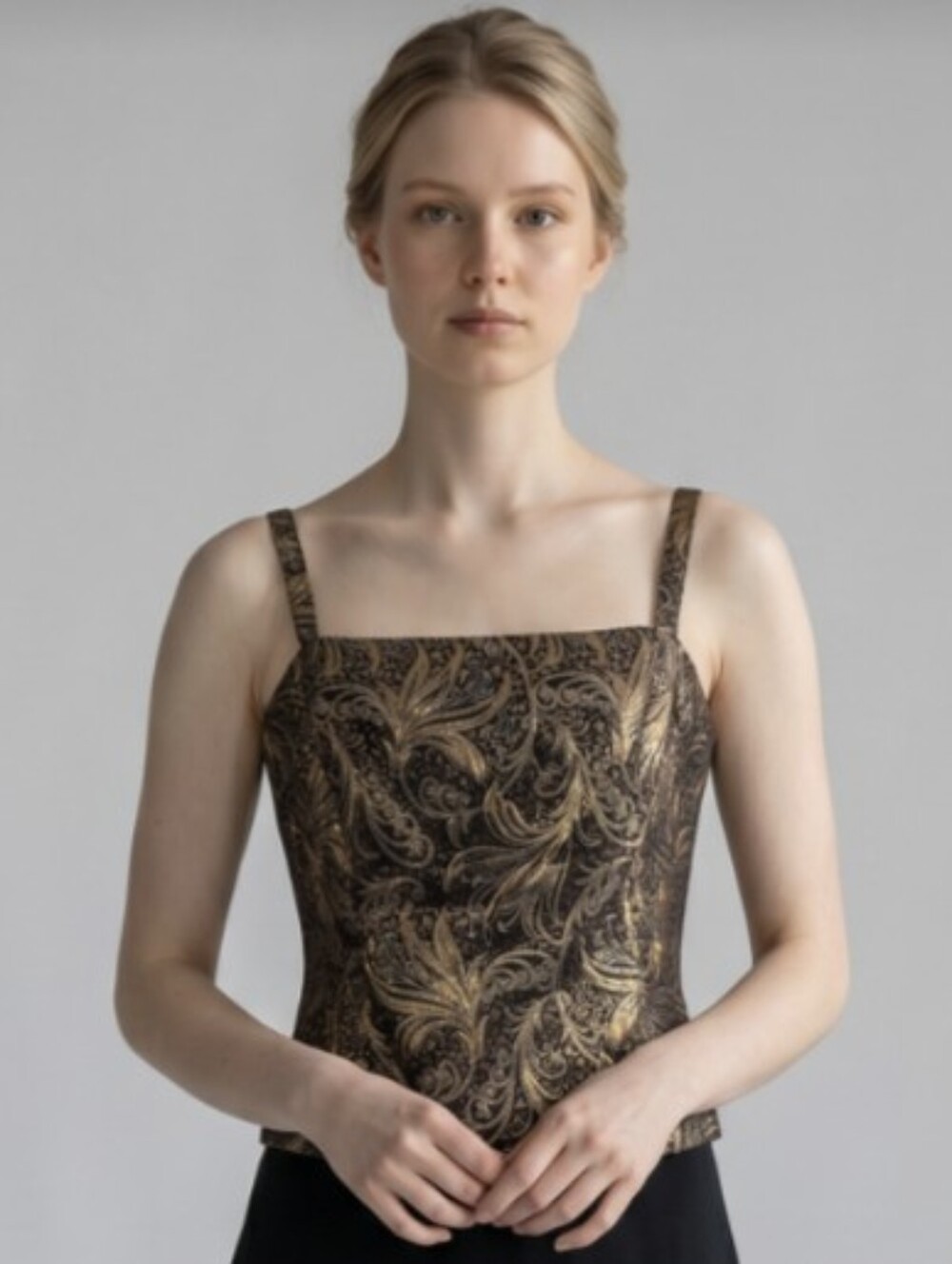 R & M RICHARDS PETITE! SUPER GLAM BLACK & GOLD BOTANICAL FORMAL BLOUSE! SZ 12P
